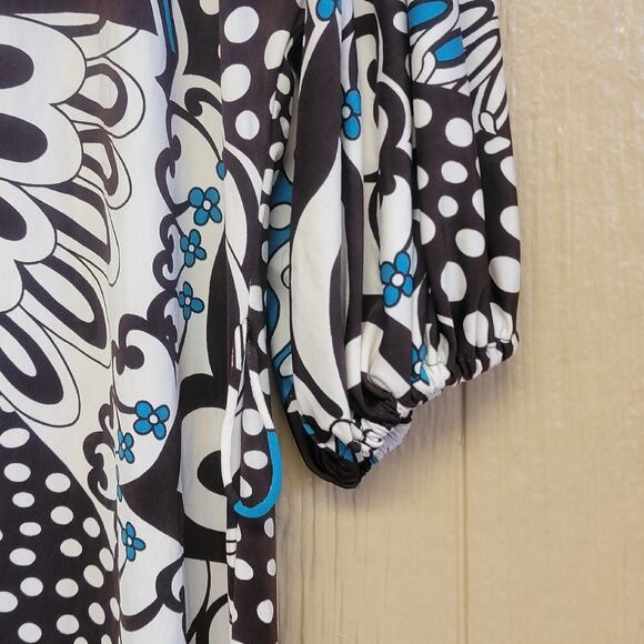 Marc Bouwer Midi Dress sz M Brown Teal Cream Geometric Floral Midi Straight - Picture 6 of 6